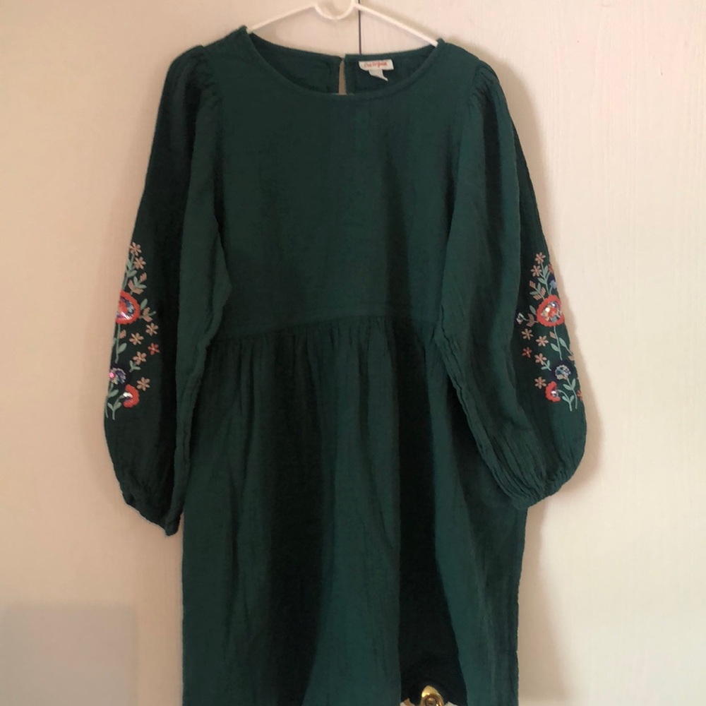Girls Green Dress spring Easter with Floral Embroidered Sleeves